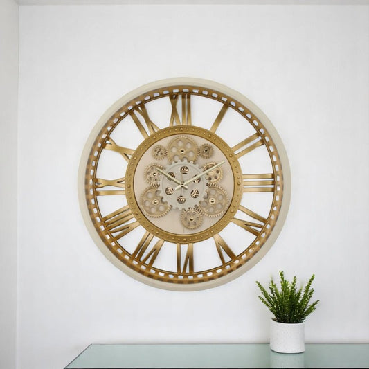 51 Cm Eskitme Çerçeve-Gold Kasa Çarklı Gerçek Camlı Şeffaf Kasa Duvar Saati
