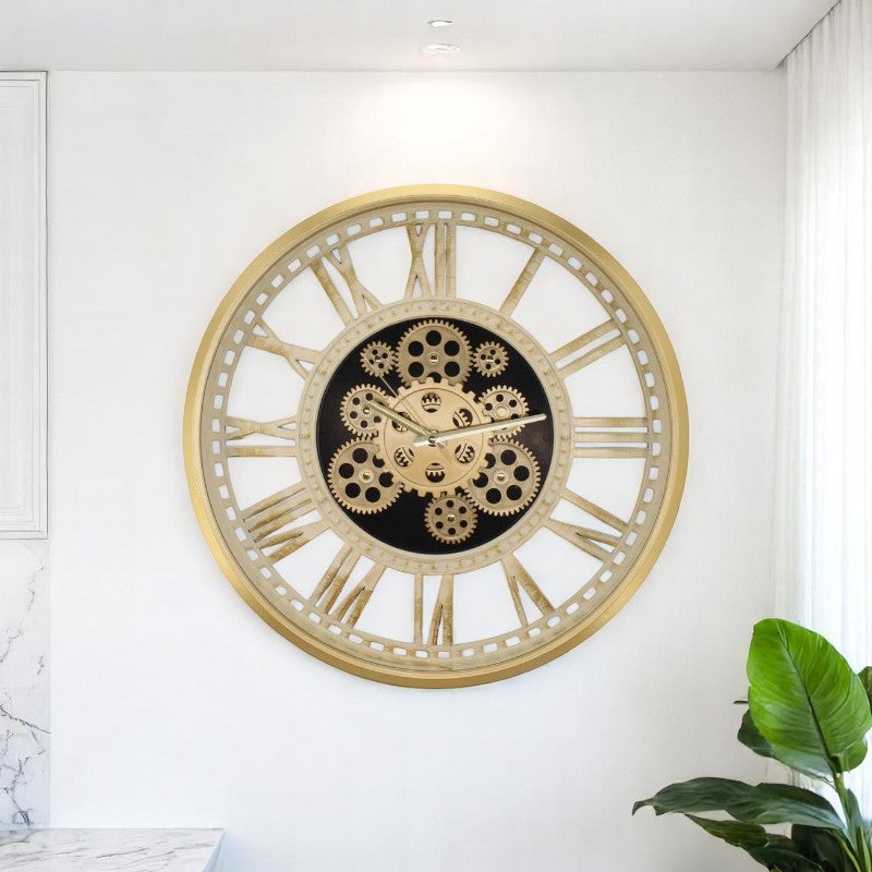 51 Cm Gold Çerçeve-Eskitme Kasa Çarklı Gerçek Camlı Şeffaf Kasa Duvar Saati