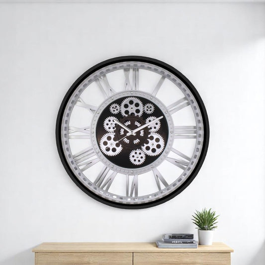 51 Cm Siyah Çerçeve-Krom Kasa Çarklı Gerçek Camlı Şeffaf Kasa Duvar Saati