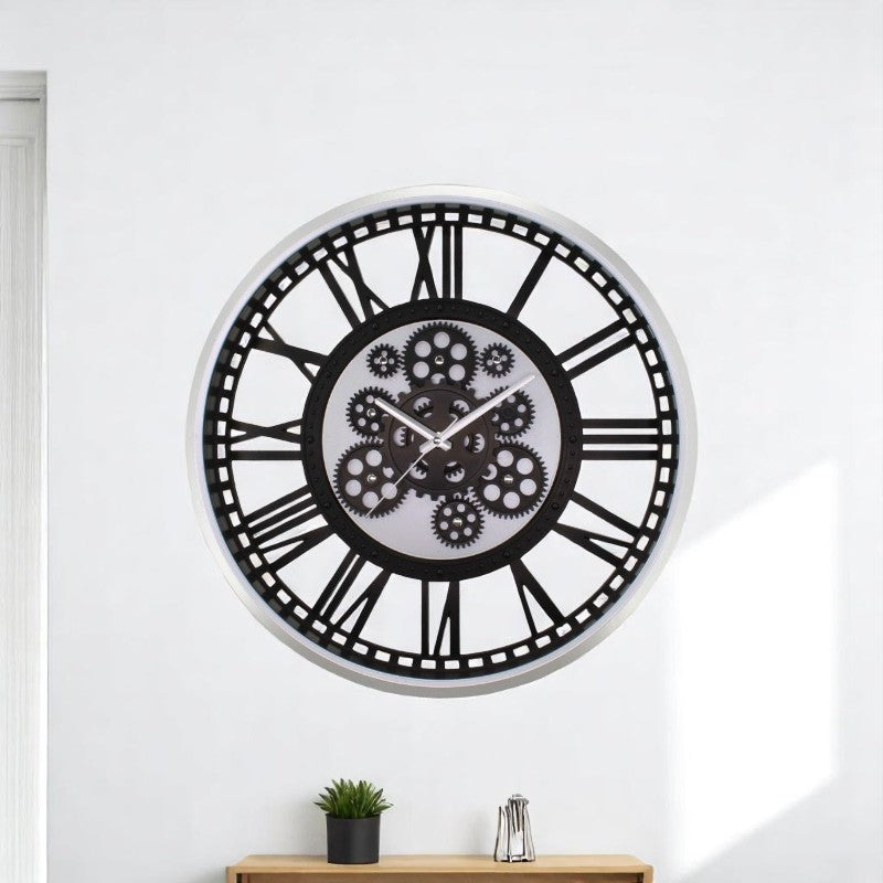 51 Cm Krom Çerçeve-Siyah Kasa Çarklı Gerçek Camlı Şeffaf Kasa Duvar Saati