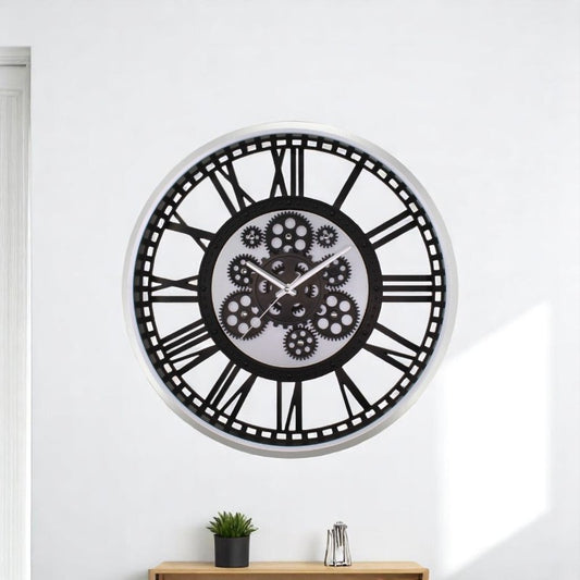 51 Cm Krom Çerçeve-Siyah Kasa Çarklı Gerçek Camlı Şeffaf Kasa Duvar Saati