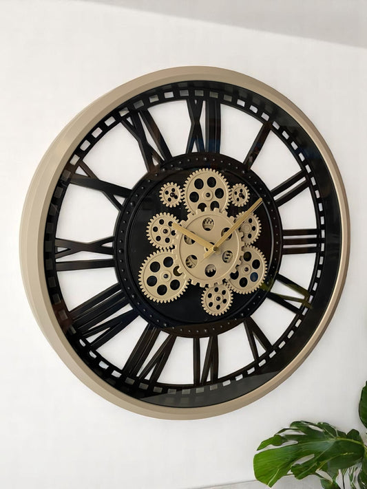 51 Cm Kum Beji Çerçeve-Siyah Kasa Çarklı Gerçek Camlı Şeffaf Kasa Duvar Saati