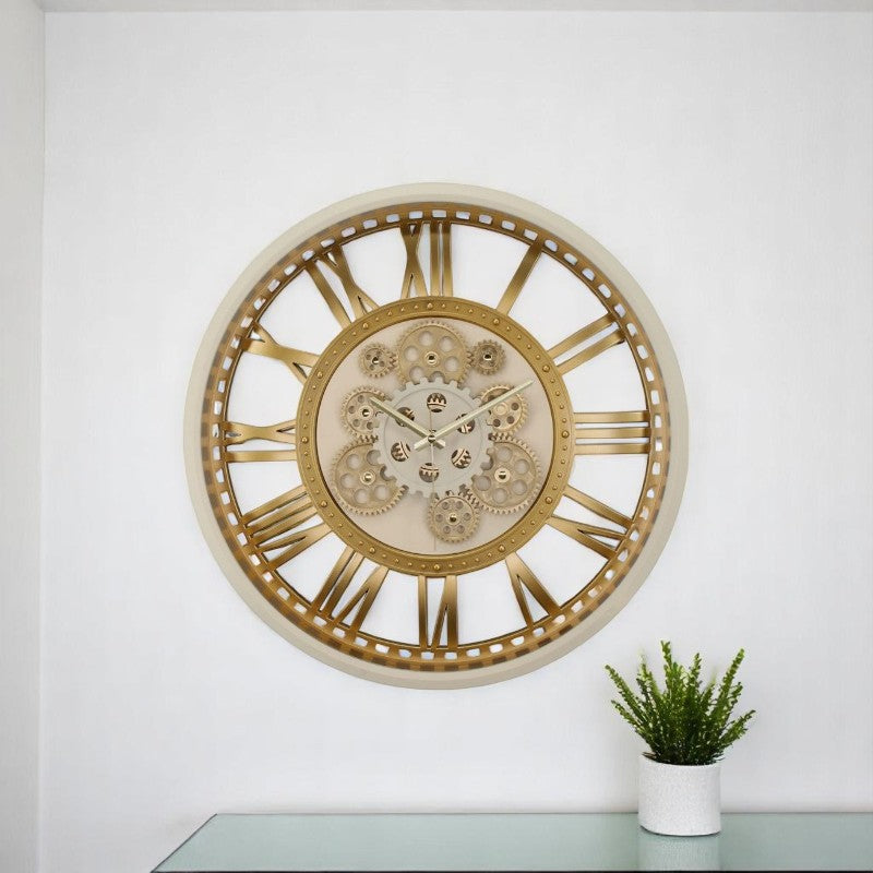 51 Cm Eskitme Çerçeve-Gold Kasa Çarklı Gerçek Camlı Şeffaf Kasa Duvar Saati