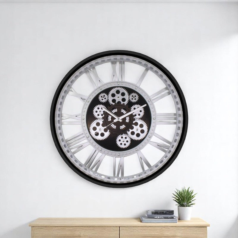 51 Cm Siyah Çerçeve-Krom Kasa Çarklı Gerçek Camlı Şeffaf Kasa Duvar Saati